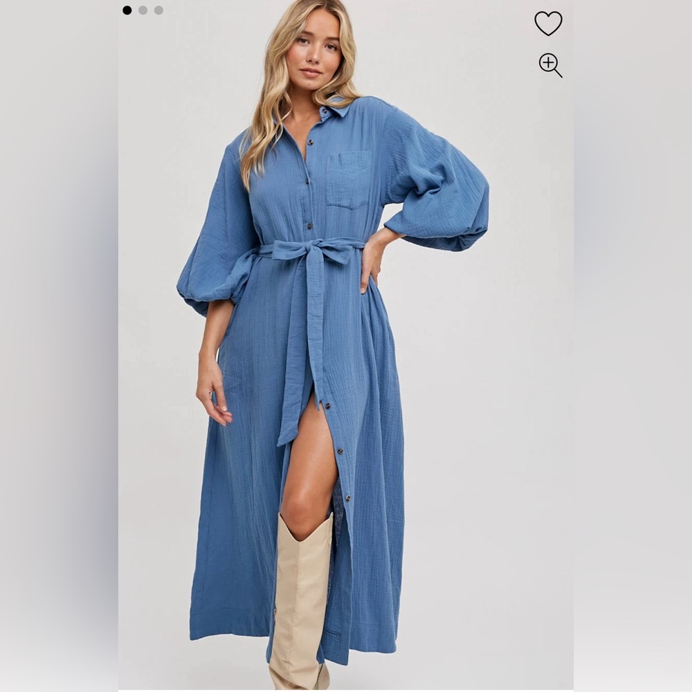 Pinkblush Blue Gauze Belted Shirt Midi Dress Size L
